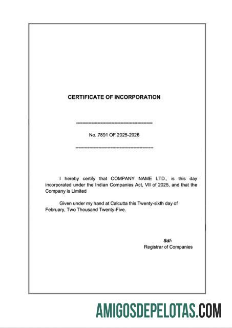 Certificado de Incorporação da Índia para download, modelo Word e PDF, Versão 4